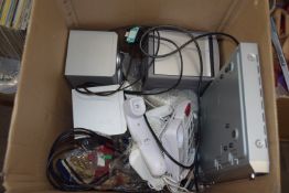 BOX CONTAINING ELECTRONICS TO INCLUDE PHILIPS SPEAKERS, TELEPHONE, DVD PLAYER ETC