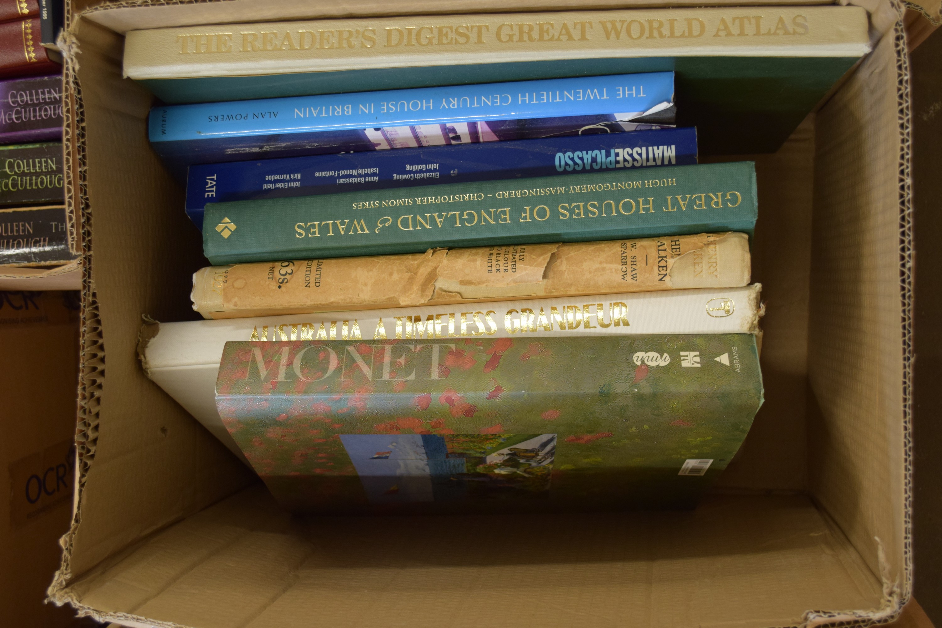 BOX OF MIXED BOOKS - MONET, GREAT HOUSES OF ENGLAND AND WALES, THE 20TH CENTURY HOUSE IN BRITAIN