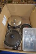 BOX OF KITCHEN WARES , SAUCEPANS, CUTLERY ETC