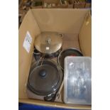 BOX OF KITCHEN WARES , SAUCEPANS, CUTLERY ETC