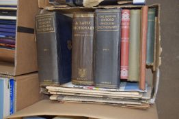 BOX OF MIXED BOOKS - THE SHORTER OXFORD ENGLISH DICTIONARY VOL 1 AND 2, LATIN DICTIONARY ETC