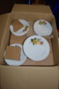 BOX CONTAINING WHITE PYREX TYPE FLORAL DECORATED CUPS AND SAUCERS