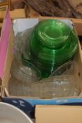 BOX CONTAINING MIXED GLASS WARES, GREEN PLATES ETC