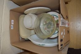BOX OF KITCHEN WARES, DISHES ETC