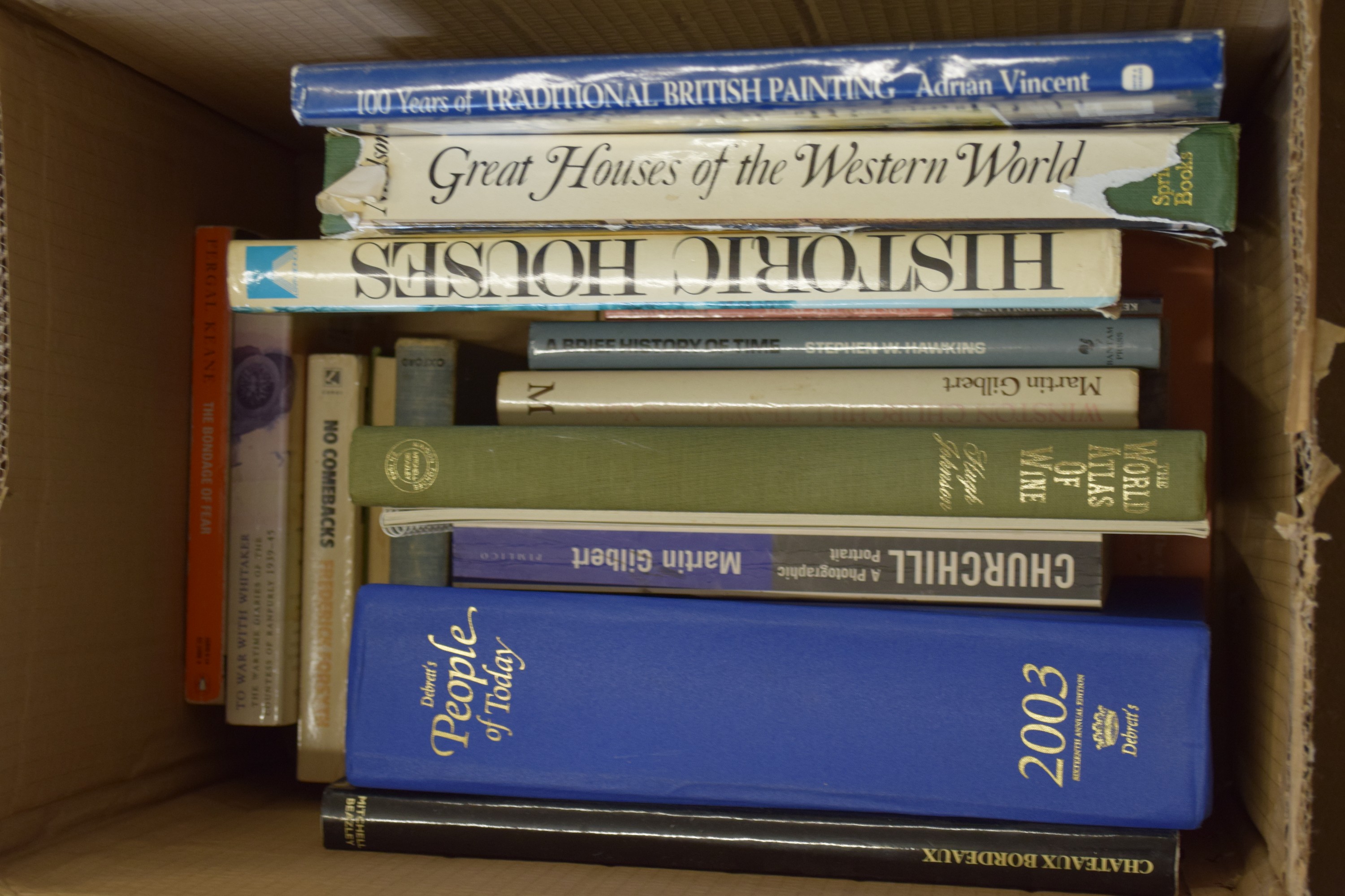 BOX OF MIXED BOOKS - HISTORIC HOUSES, THE WORLD ATLAS OF WINE ETC
