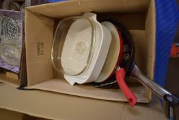 BOX OF KITCHEN WARES TO INCLUDE SAUCEPANS ETC