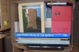 BOX OF MIXED BOOKS - THE TIMES ATLAS OF THE WORLD, DAVID HOCKNEY A DRAWING RETRESPECTIVE