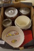 BOX CONTAINING VARIOUS CERAMICS, TIN ETC