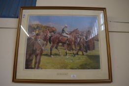 A GILT FRAMED REPRODUCTION PRINT TITLED AT HETHERSETT RACES 79X65