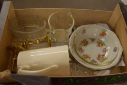 BOX CONTAINING GL ASHWORTH & BROTHERS WHITE JUG, GLASSWARE AND BRASS CANDLESTICK HOLDERS