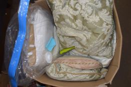 BOX CONTAINING FABRIC, CUSHIONS, BOOKS ETC