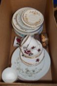 ASSORTED CHINA INCLUDING WHITE AND GILT PLATES WITH A FURTHER BOX OF GLASS PLATES, PLASTIC FORKS AND