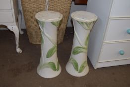 PAIR OF WHITE AND GREEN CERAMIC PLANT STANDS, 50CM HIGH