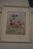 FRAMED UNGLAZED WATER COLOUR SIGNED ELSIE WOODS OF POPPIES 44X54CM