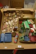 TRAY CONTAINING DOLLS HOUSE FURNITURE, WOODEN BOX ETC