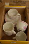 BOX CONTAINING STONEWARE CHINA INCLUDING CUPS AND SAUCERS