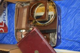 TIN CONTAINING WOODEN ITEMS, CASE, MIRROR ETC