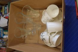 BOX CONTAINING CASHMERE MOON SHADOW FINE BONE CHINA TO INCLUDE CUPS AND SAUCERS ETC, FOUR GLASSES