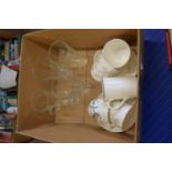 BOX CONTAINING CASHMERE MOON SHADOW FINE BONE CHINA TO INCLUDE CUPS AND SAUCERS ETC, FOUR GLASSES