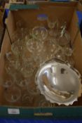 BOX CONTAINING GLASS WARES, SILVER PLATED DISH ETC