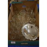 BOX CONTAINING GLASS WARES, SILVER PLATED DISH ETC
