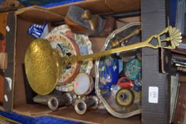 BOX CONTAINING MIXED CERAMICS, SILVER PLATED CANDLESTICK HOLDERS AND A DISH ETC