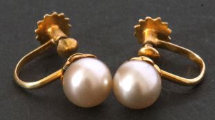 Pair of 9ct stamped cultured pearl earrings with screw on fittings, (cased)