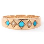 Victorian 15ct gold turquoise and seed pearl ring, alternate individually set with three cabochon