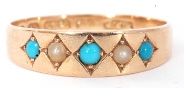 Victorian 15ct gold turquoise and seed pearl ring, alternate individually set with three cabochon