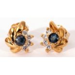 Small pair of yellow metal sapphire and diamond earrings, post fittings, g/w 1.3gms