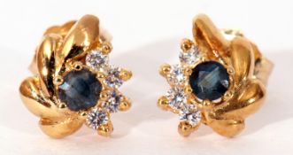 Small pair of yellow metal sapphire and diamond earrings, post fittings, g/w 1.3gms