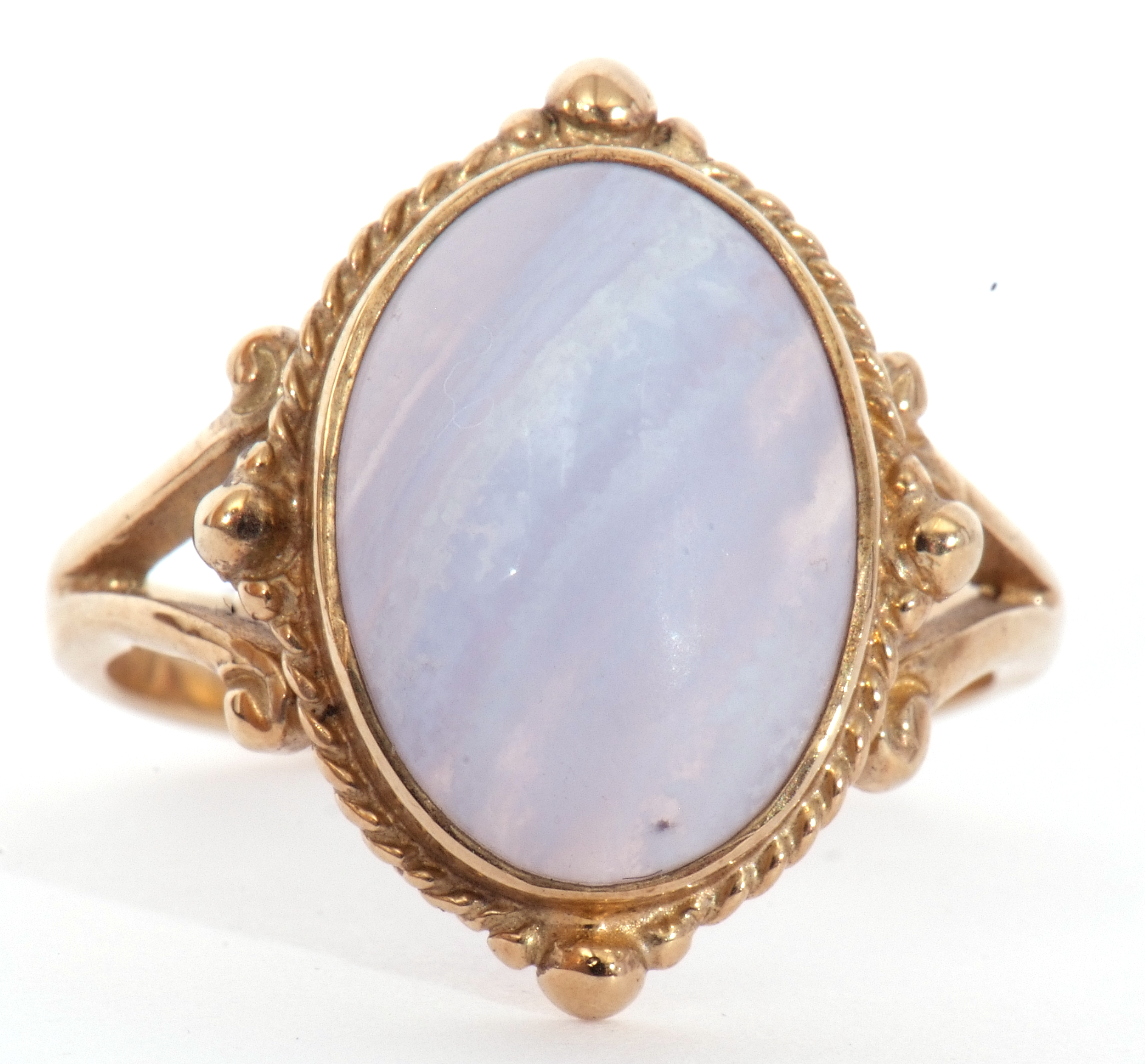 9ct gold and quartz ring, a cabochon centre pale quartz, bezel set and framed in a bead and split - Image 7 of 7