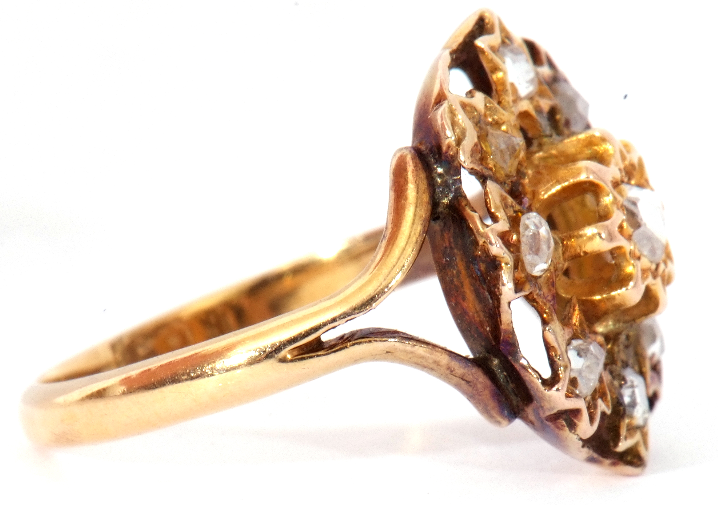 Unmarked yellow metal diamond ring, featuring 10 rose cut diamonds, each claw set in a star engraved - Image 6 of 7