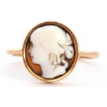 Antique French carved hardstone cameo ring, the oval panel with profile of a lady in a rub-over