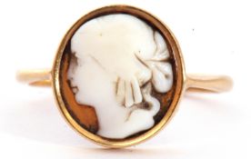 Antique French carved hardstone cameo ring, the oval panel with profile of a lady in a rub-over