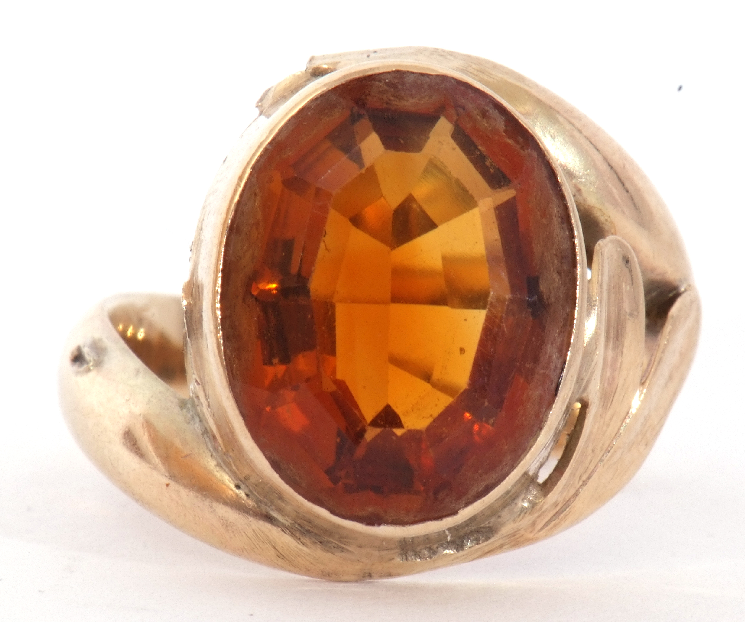 9ct stamped cognac citrine dress ring, the oval faceted citrine in a rub-over setting raised between - Image 2 of 9