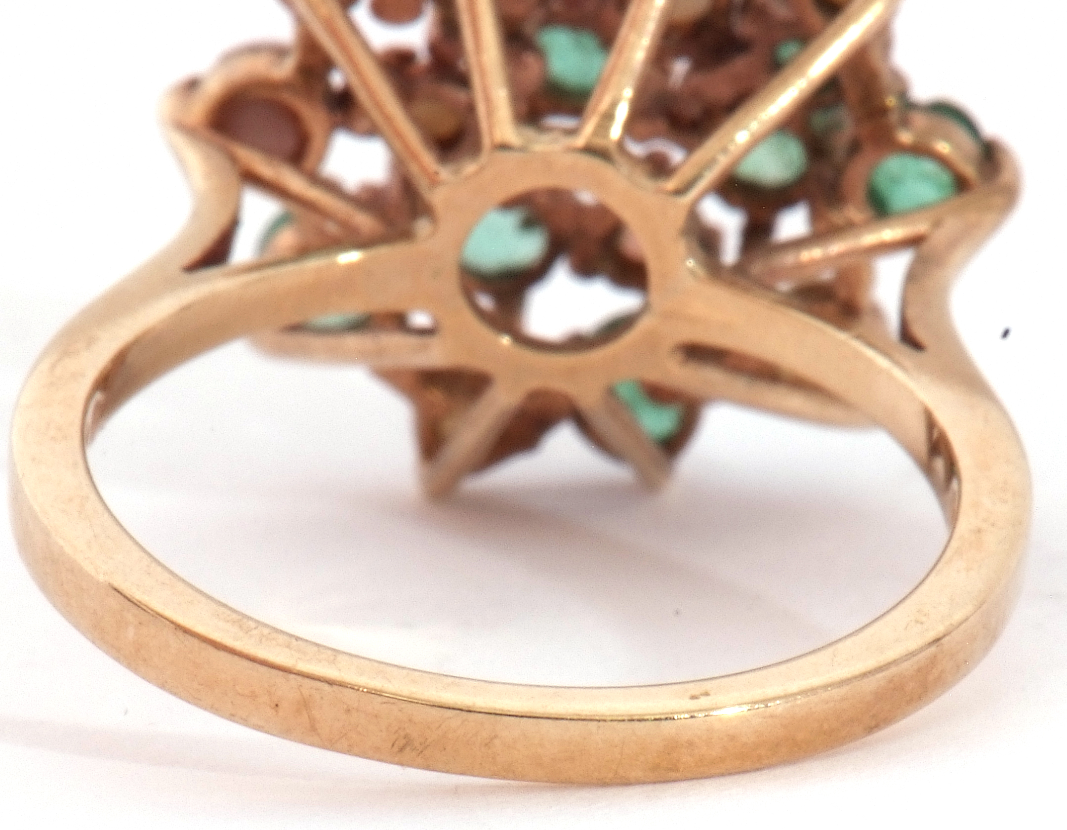 9ct gold emerald and seed pearl cluster ring, a large flowerhead design featuring 10 small round cut - Image 5 of 8