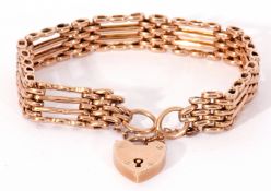 Antique 9ct gold gate bracelet, with heart padlock and safety chain fitting, 14.2gms (a/f)