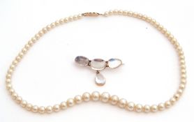 Mixed Lot: moonstone drop four stone brooch and simulated pearl necklace