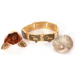 Mixed Lot: Siamese gold plated bracelet, a large clam shell costume brooch, together with a gilt