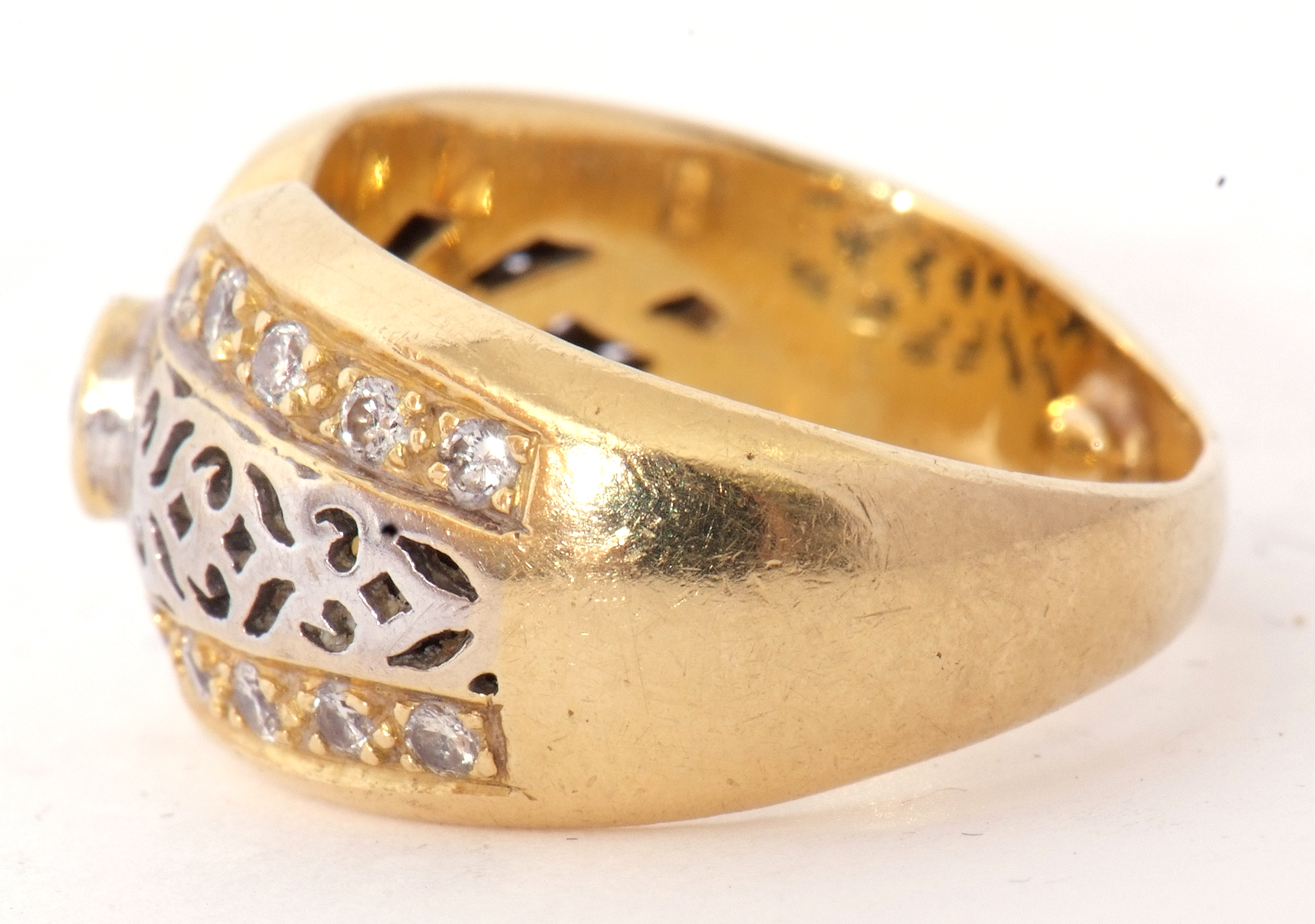 Two-tone yellow metal filigree fronted design ring, centring a small sapphire and highlighted with - Image 3 of 8