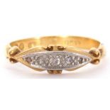 Antique 18ct and Plat and diamond five stone ring, boat shaped, featuring five graduated mixed cut
