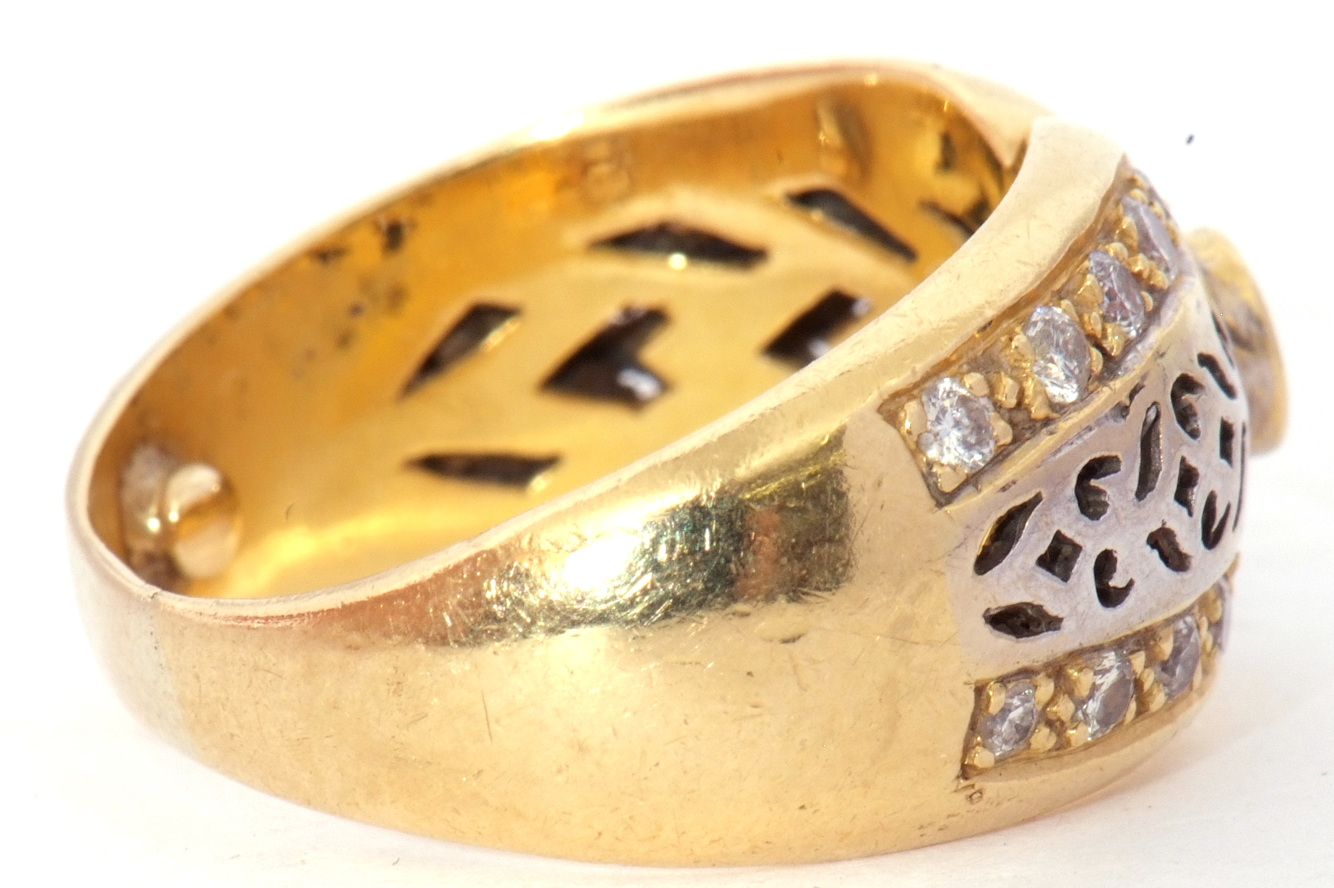 Two-tone yellow metal filigree fronted design ring, centring a small sapphire and highlighted with - Image 6 of 8