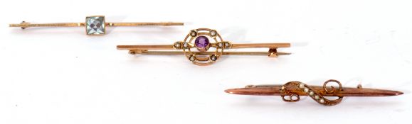 Mixed Lot: 9ct stamped amethyst and seed pearl set open work brooch, an antique aquamarine set