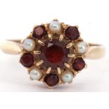 Modern 9ct gold garnet and seed pearl cluster ring, size P