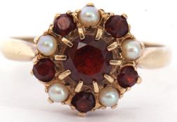 Modern 9ct gold garnet and seed pearl cluster ring, size P