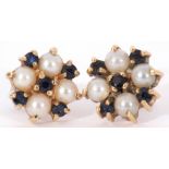 Pair of modern 9ct gold sapphire and seed pearl cluster earrings, post fittings