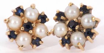 Pair of modern 9ct gold sapphire and seed pearl cluster earrings, post fittings