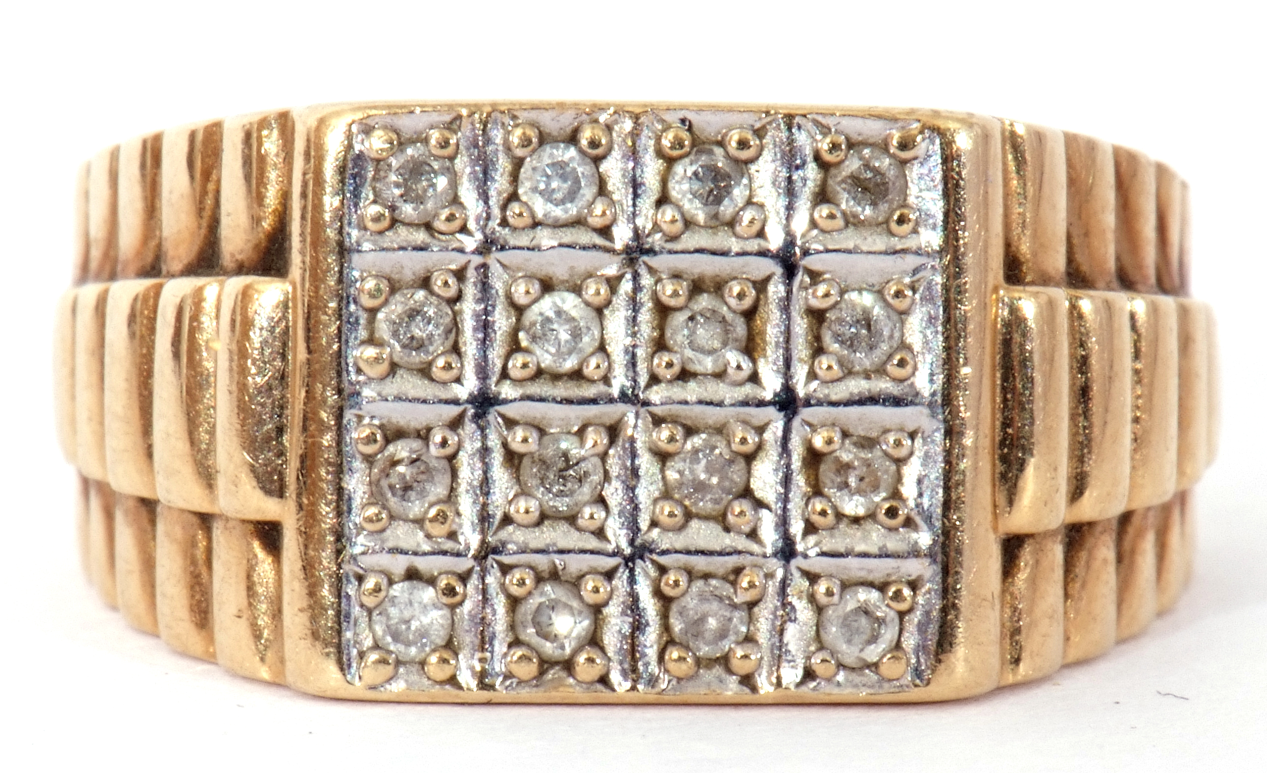 Gents 9ct gold and diamond ring, the square panel set with 16 small diamonds, set between textured - Image 2 of 8