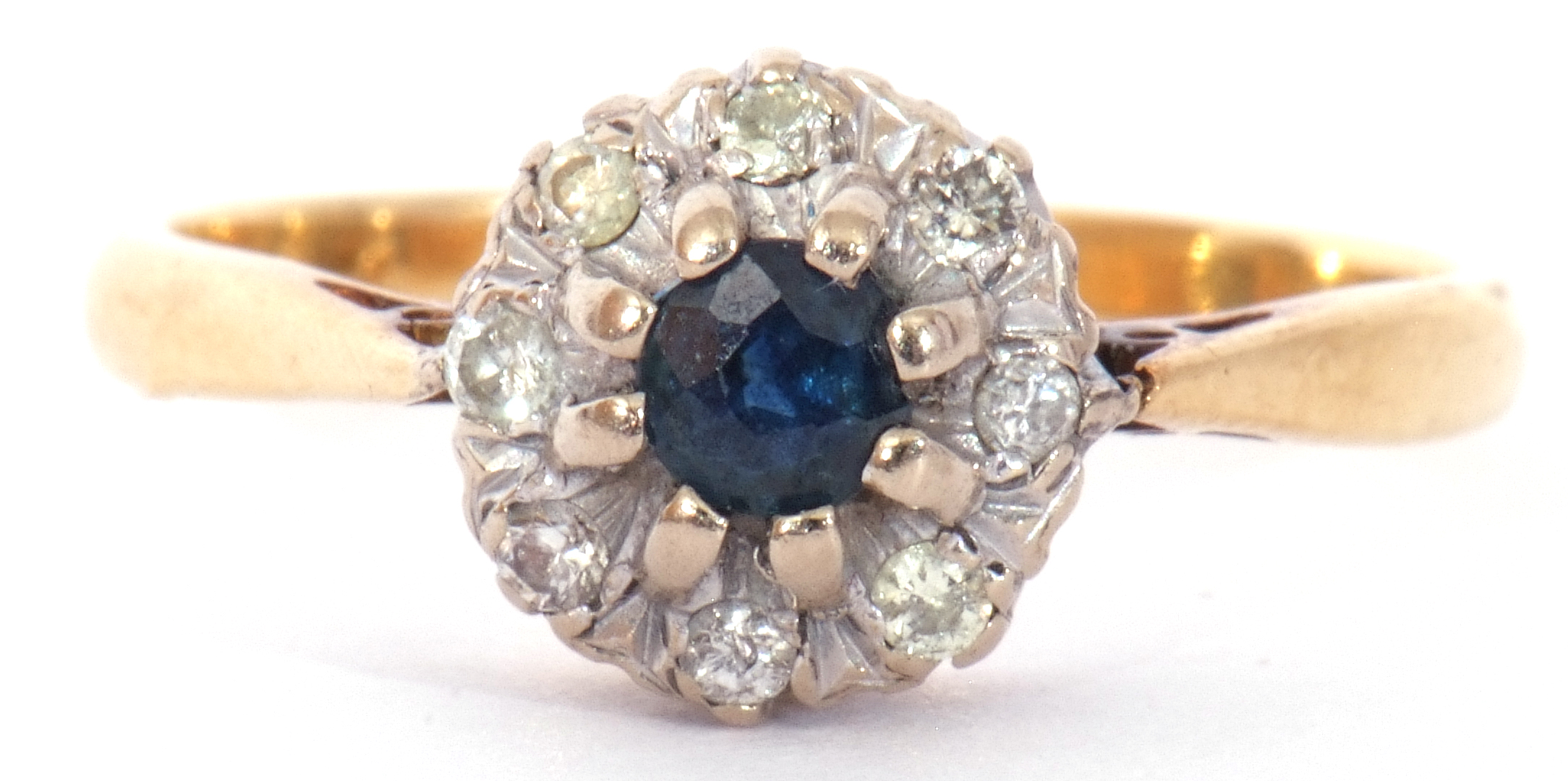 Sapphire and diamond cluster ring, the round faceted cut sapphire raised above a small diamond - Image 2 of 6